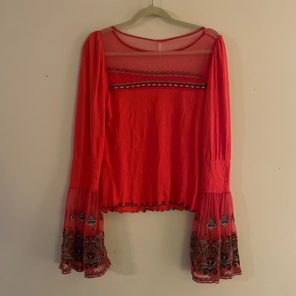 Free People High Tides Top Vibrant Orange Blouse with Bell Sleeves - Picture 5 of 9